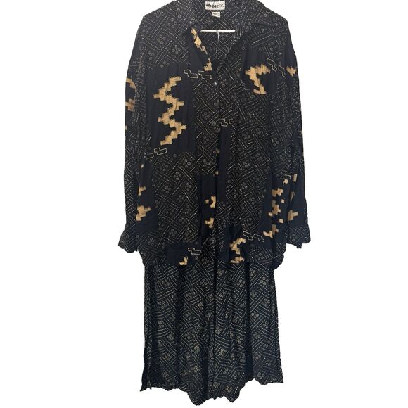 We Be Bop Top Wide Leg Pants Outfit 2 Pc Set Black Tan Beaded Artsy Native Small - Picture 1 of 10